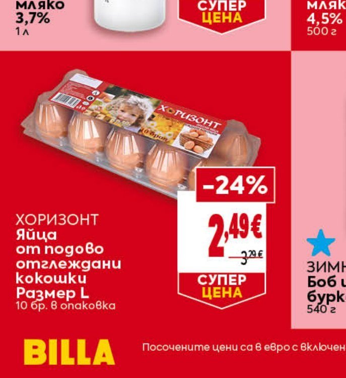 ХОРИЗОНТ Яйца от подово отглеждани кокошки Размер L 10 бр. в опаковка - Била