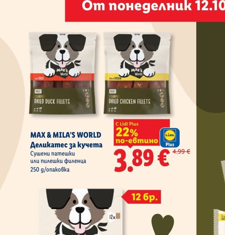 MAX & MILA'S WORLD Деликатес за кучета Сушени патешки или пилешки филенца 250 g/опаковка - Лидл
